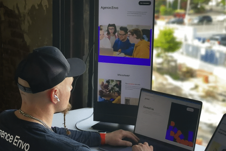 Illustration d’une équipe digitale travaillant sur la conception d’un site web professionnel, symbolisant les étapes clés de création, d’optimisation SEO et de design sur mesure.