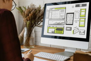 Illustration d’un designer web travaillant sur la refonte d’un site internet, symbolisant la modernisation, la performance et l’optimisation SEO d’un site professionnel.