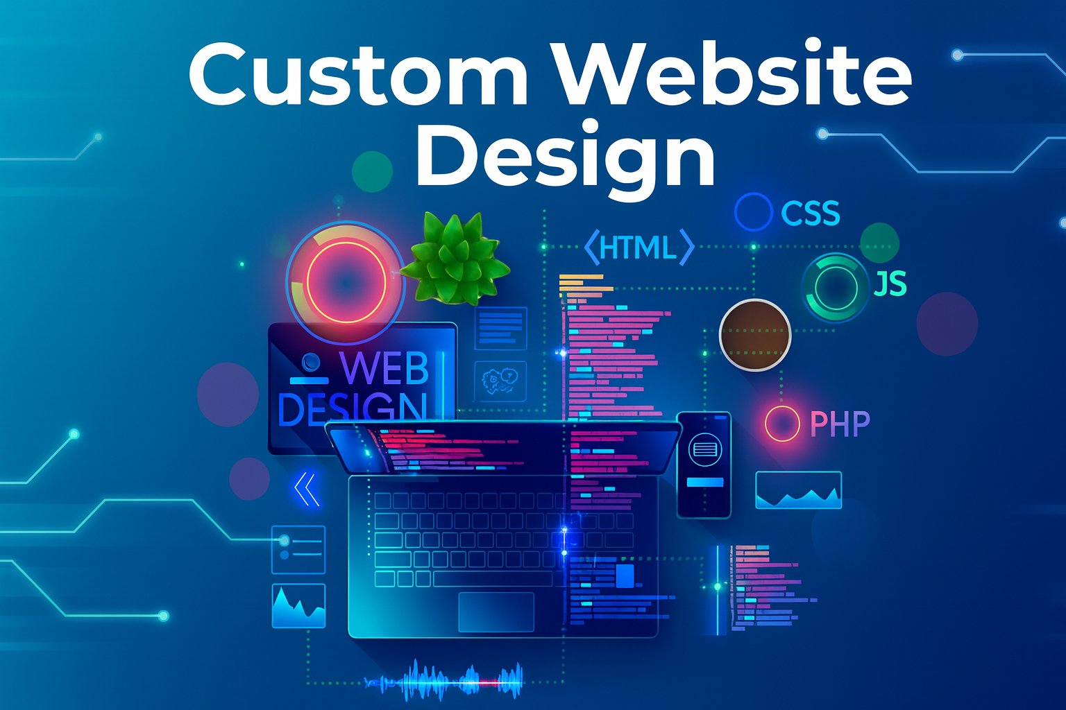 Illustration d’un designer web travaillant sur la conception d’un site internet sur mesure, symbolisant la création d’un site unique, performant et adapté aux besoins spécifiques d’une entreprise.