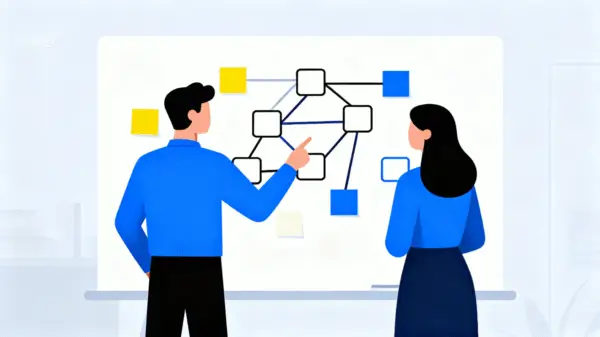 Illustration de deux personnes collaborant sur un schéma représentant la méthode de création de site web adoptée par l’agence Envo.