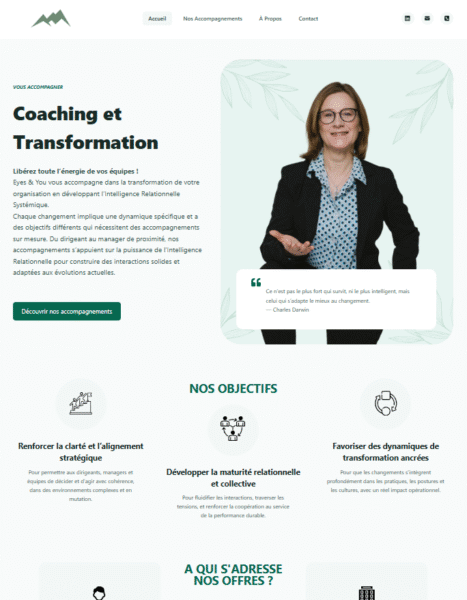 Site web de coaching professionnel “Eyes and You” conçu par l’agence Envo, spécialisé dans la transformation des dirigeants et managers.