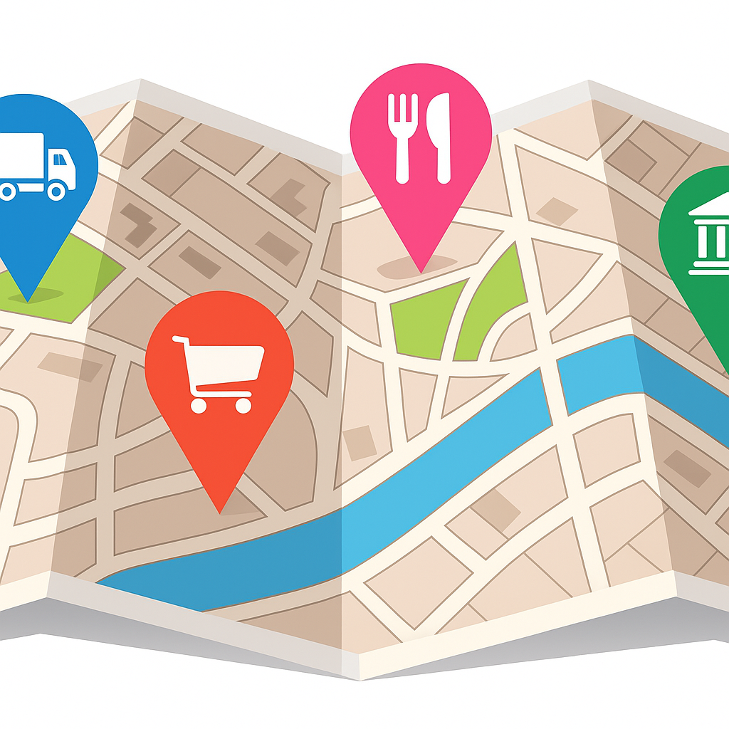 Illustration d’une carte Google Maps avec des marqueurs d’entreprises locales, symbolisant la visibilité en ligne et le référencement local d’un site web optimisé pour attirer des clients de proximité.